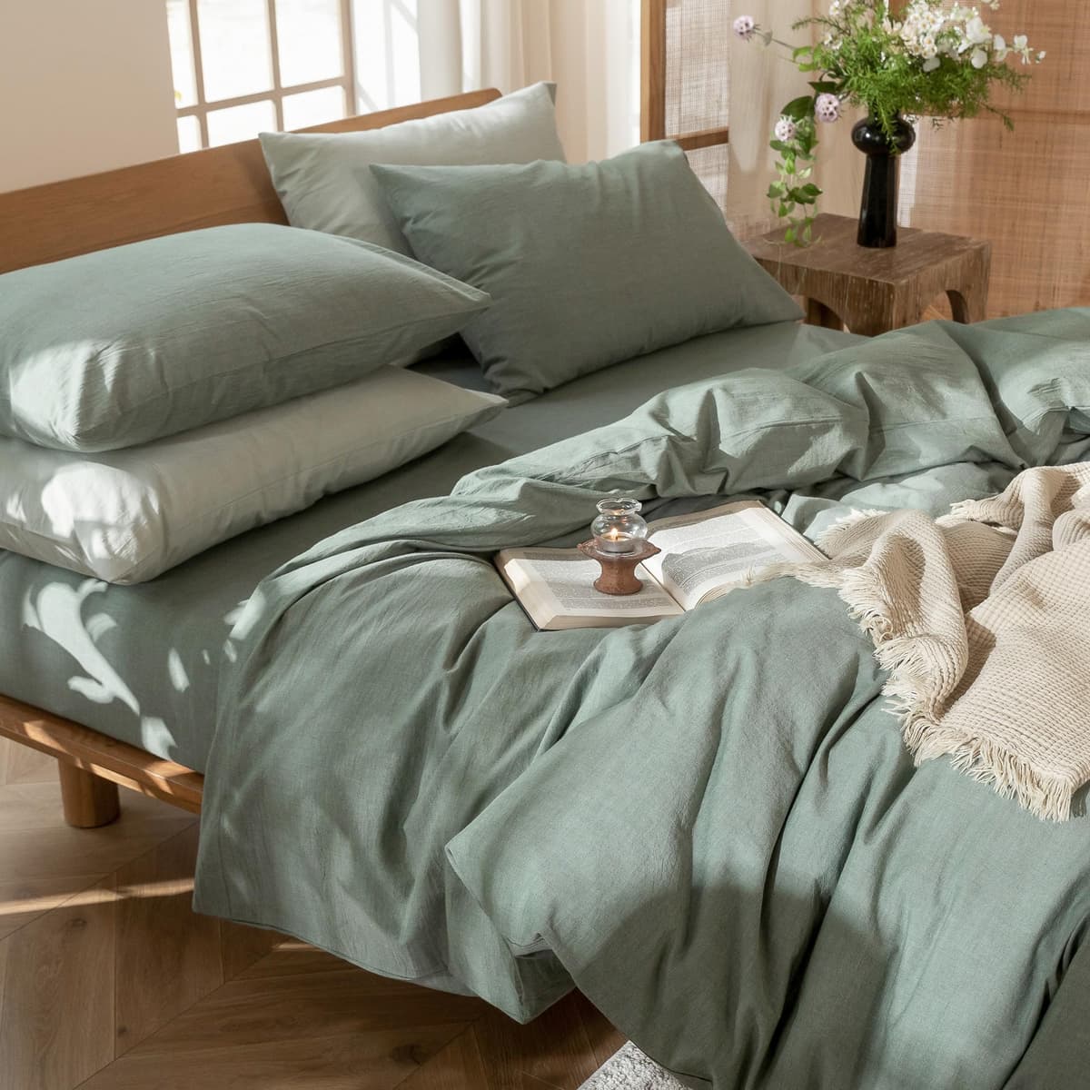 MooMee Bedding Duvet Cover Set 100% Washed Cotton Linen Like Textured Breathable Durable Soft Comfy (Tannish Linen Grey, King) — view 89