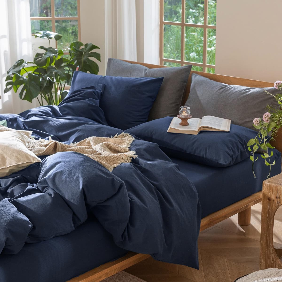 MooMee Bedding Duvet Cover Set 100% Washed Cotton Linen Like Textured Breathable Durable Soft Comfy (Tannish Linen Grey, King) — view 78