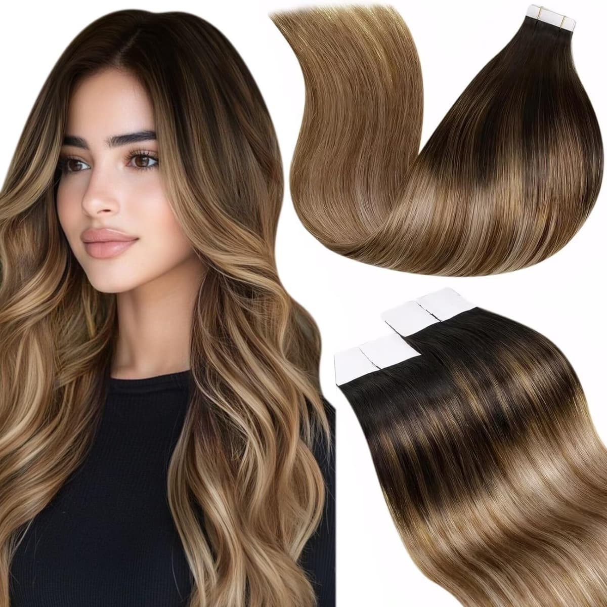 LaaVoo Tape in Hair Extensions Human Hair Blonde Tape Hair Extensions Real Human Hair Invisible Tapes Remy Straight Balayage Brown to Blonde Hair Double Sided Tabs 20pcs 50g 16 Inch #8/18/60 — view 81
