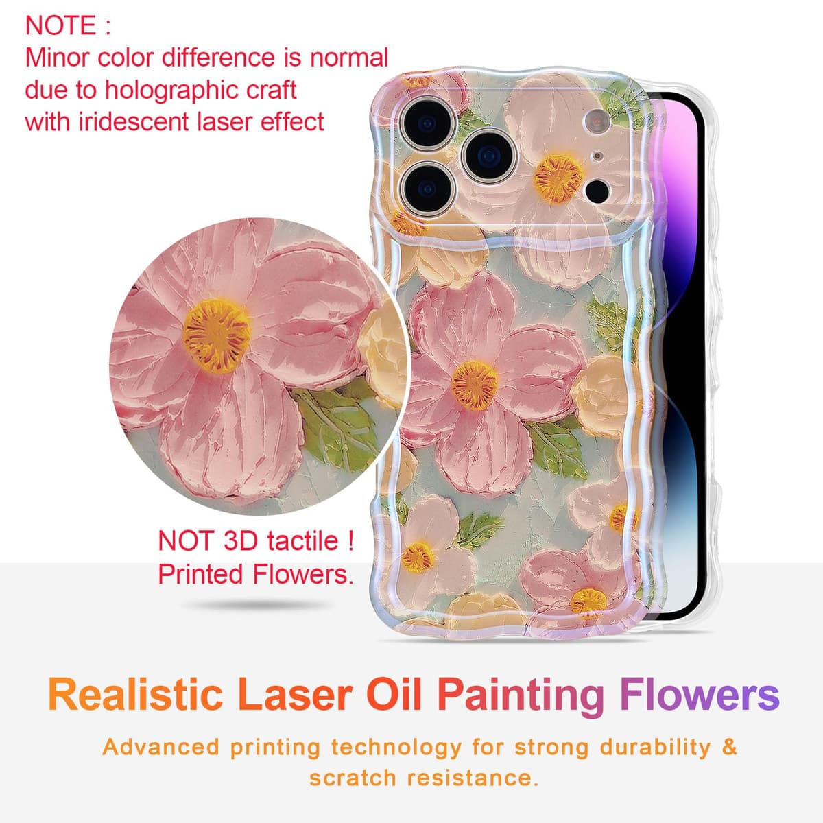 EYZUTAK Case for iPhone 17 Pro, Colorful Retro Oil Painting Printed Flower Laser Glossy Pattern Cute Curly Wave Edge Exquisite Phone Cover Stylish Durable TPU Protective Case for Girl Women-Green — view 2