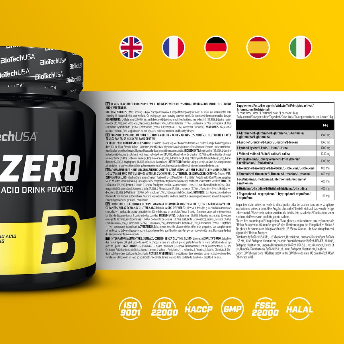 BioTechUSA EAA Zero - Essential Amino Acid Power | 7160mg EAA/porción | Proporción recomendada por la OMS | Sin azúcar, sin gluten, 350 g, Limón — view 4