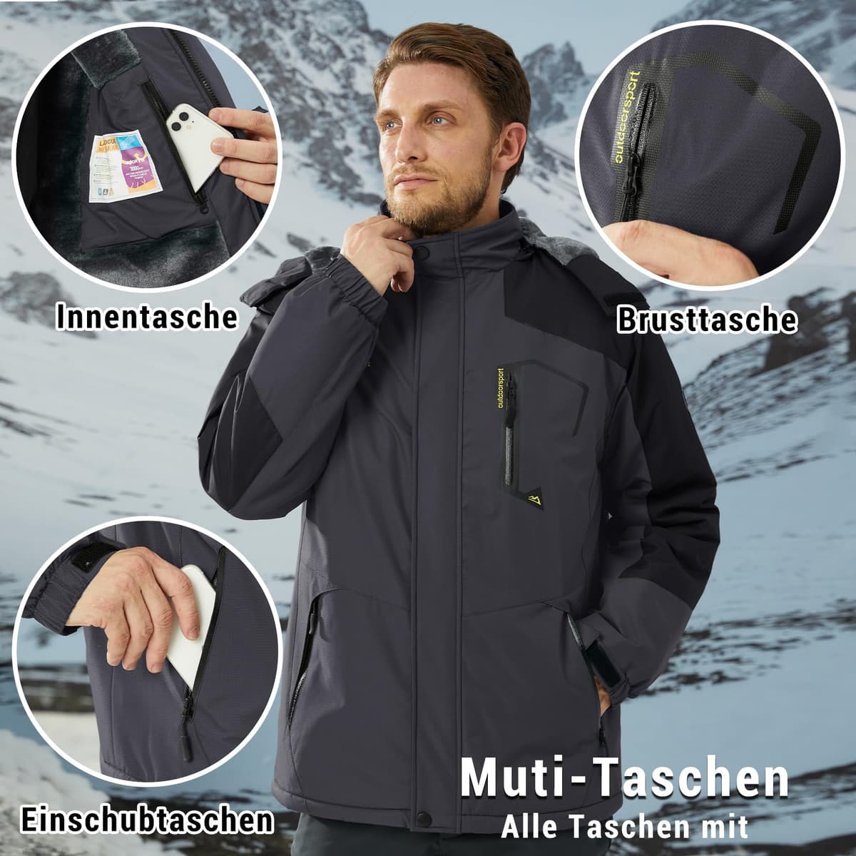 KEFITEVD Hombre Impermeables Lana Chaquetas Impermeables Esquí Cálidos Invierno Abrigos Térmicos Exteriores Abrigos con Capucha Desmontable — view 5