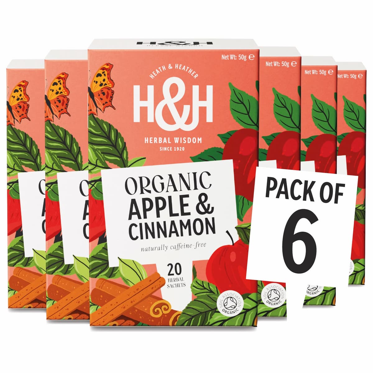 Heath & Heather - Organic Apple & Cinnamon Tea • Warming Fruit & Spice Infusion • Naturally Caffeine-Free • Vegan • Comforting & Aromatic • Multipack 6 x 20 Boxes (120 Tea Bags)