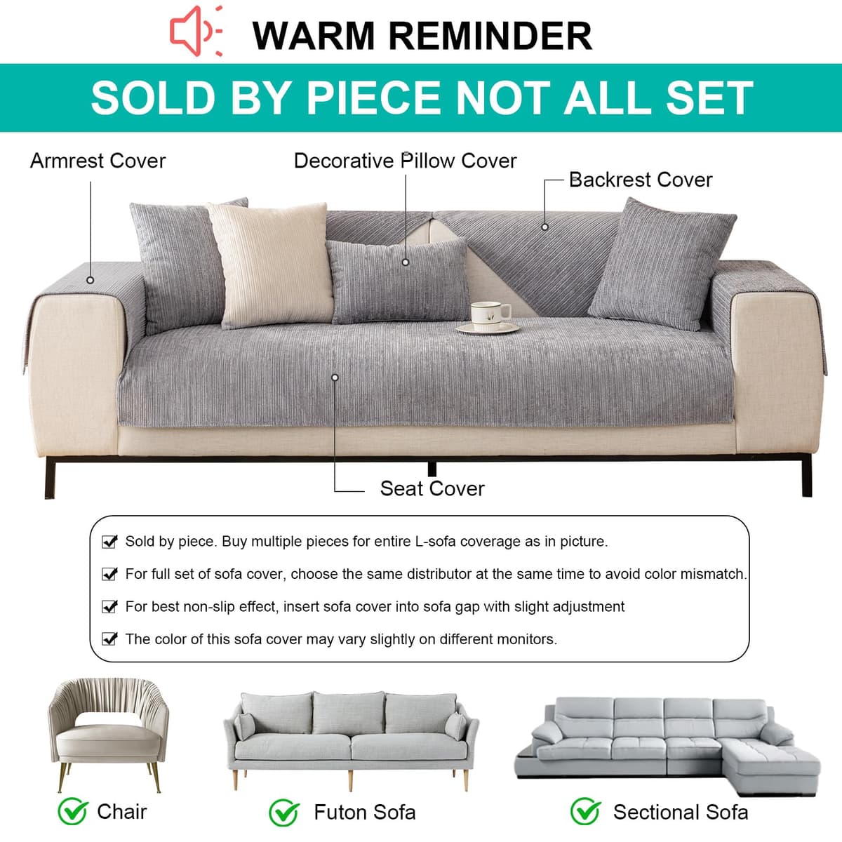 SHANNA Chenilla Suave Funda Sofa Chaise Long 1 2 3 4 Plazas Protector Cubre Sofa, Nuevas Antideslizantes Universales Fundas de Sofá con Textura Gruesa Sólida para Sala de Estar (Gris, 90 * 90cm) — view 2