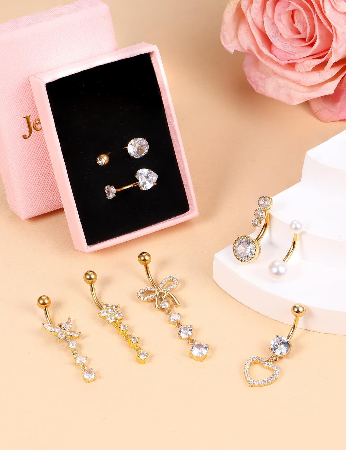 JeryWe 8Piezas Piercing Ombligo Acero Quirurgico Kit Piercing Nombril Hipoalergénicos Anillo Ombligo Colgante Acero Inoxidable 14G Cubic Zirconia Set Piercings Oro/Plata — view 4