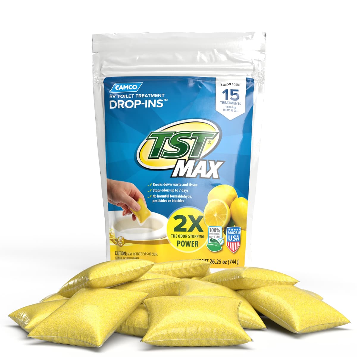 Camco TST MAX RV Toilet Treatment Drop-INs - Control Unwanted Odors & Break Down Waste and Tissue - Safe Septic Tank Treatment - Orange Scent, 30-Pack (41183) — view 23