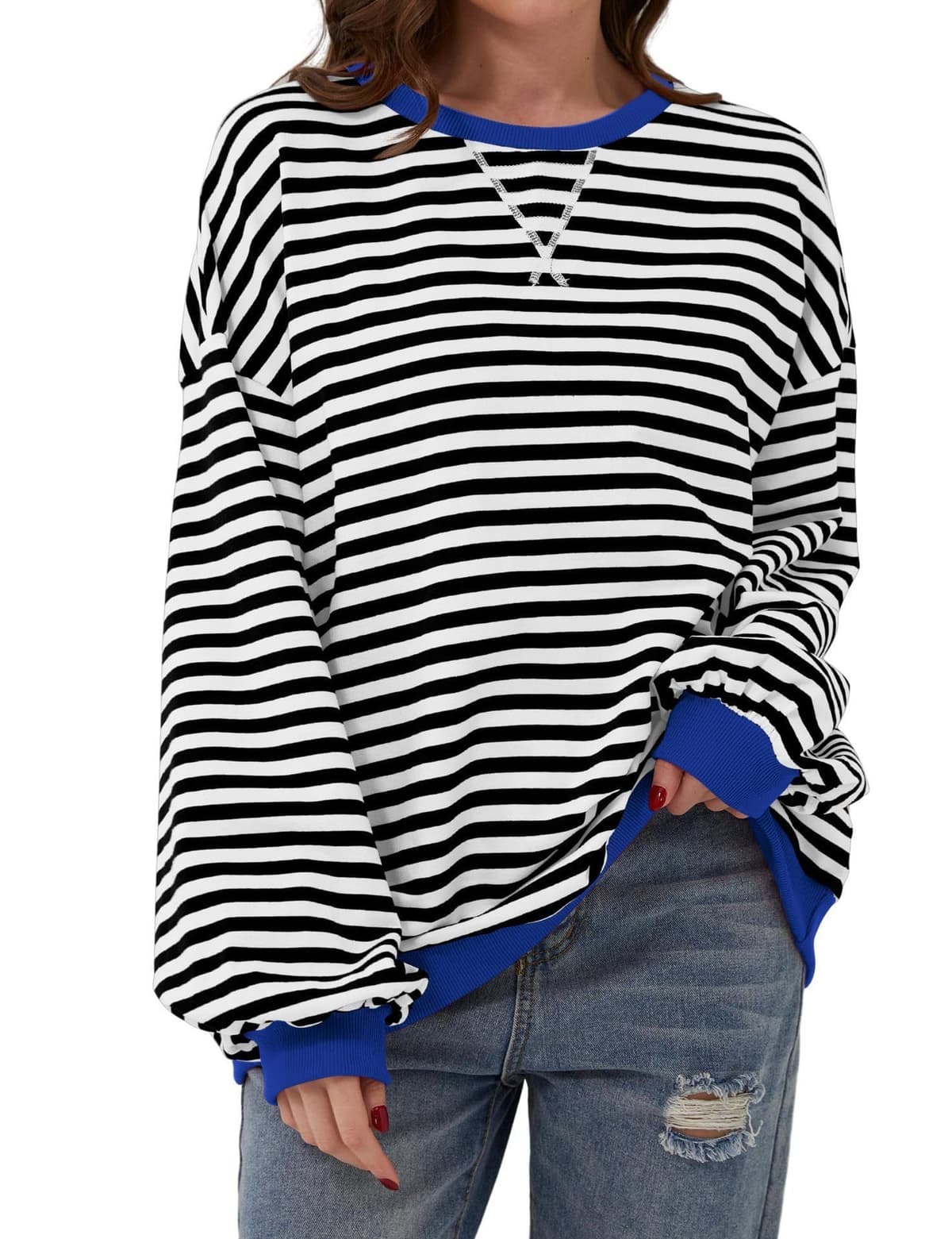 Sudadera de gran tamaño a rayas con cuello redondo para mujer, manga larga, casual, ajuste holgado, hombros caídos, uso diario — view 3