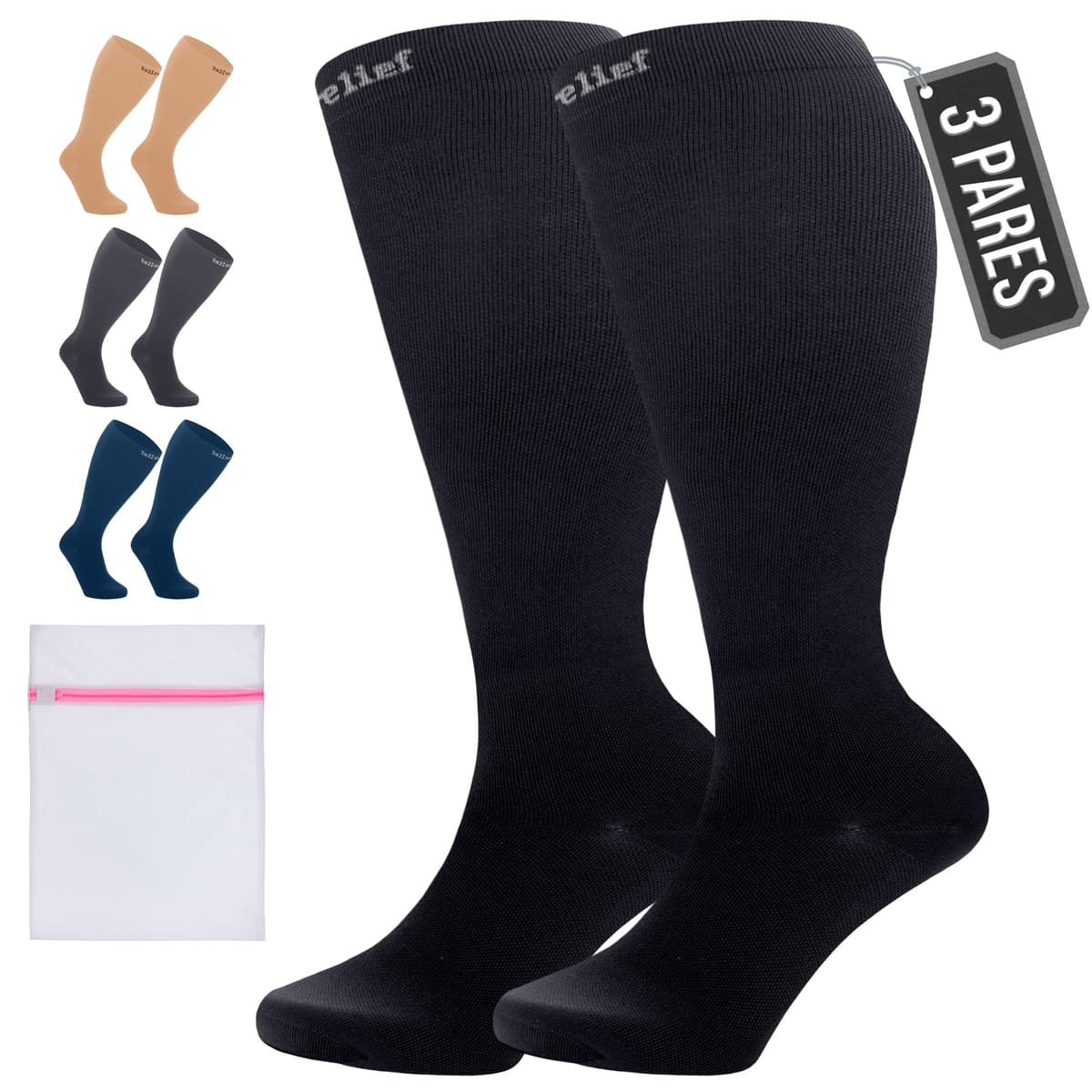 360 Relief Medias de Compresión Mujer y Hombre - 1 Par Calcetines de Compresión para Deportes, Correr, Volar, Viaje, Trabajo, Footing - S/M Beis con Bolsa de Malla — view 72