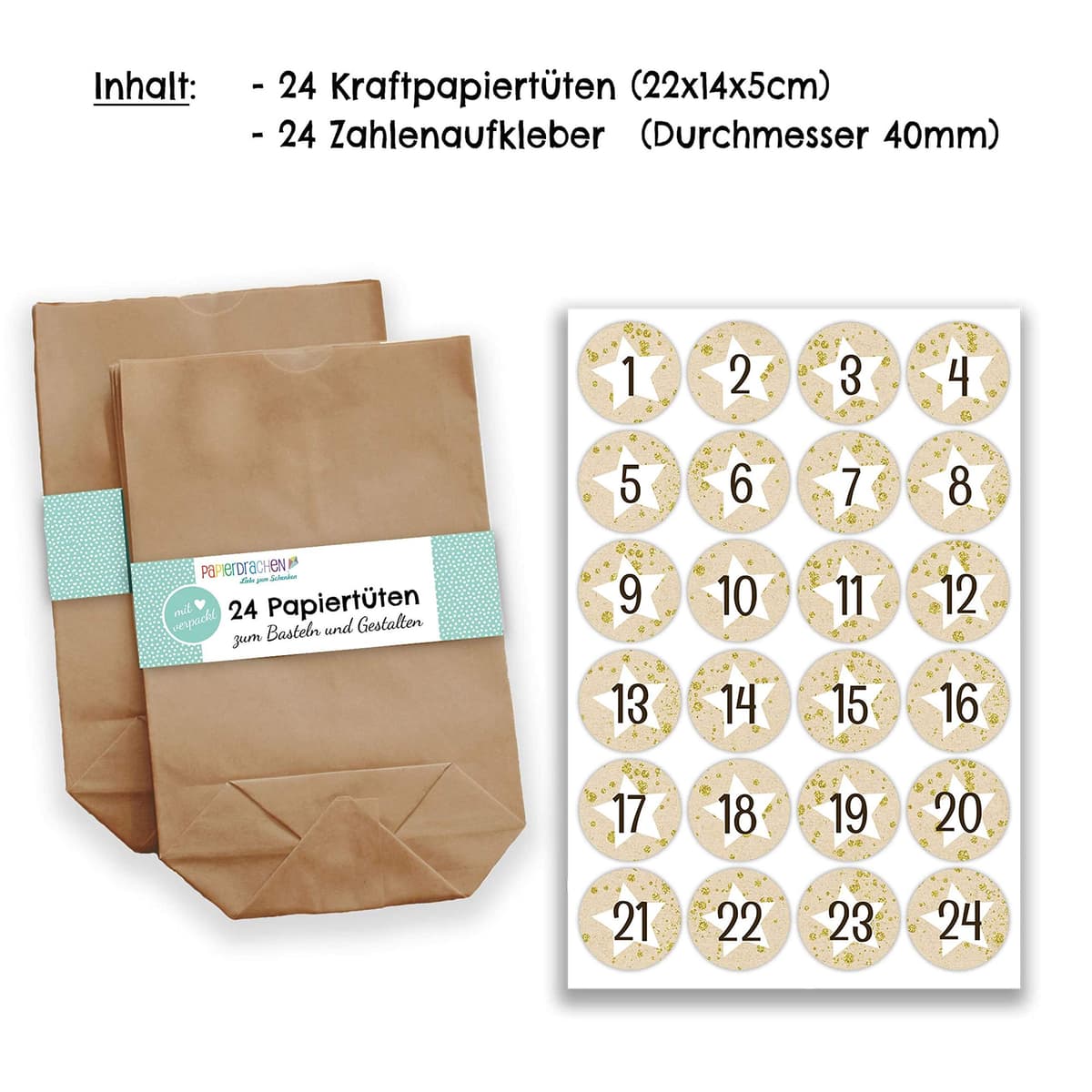 Calendario de Adviento DIY para rellenar - con 24 bolsas de papel marrón y 24 pegatinas rojo-verde - para bricolaje y manualidades - Mini Set Nr 17 - Navidad 2021 para niños — view 3