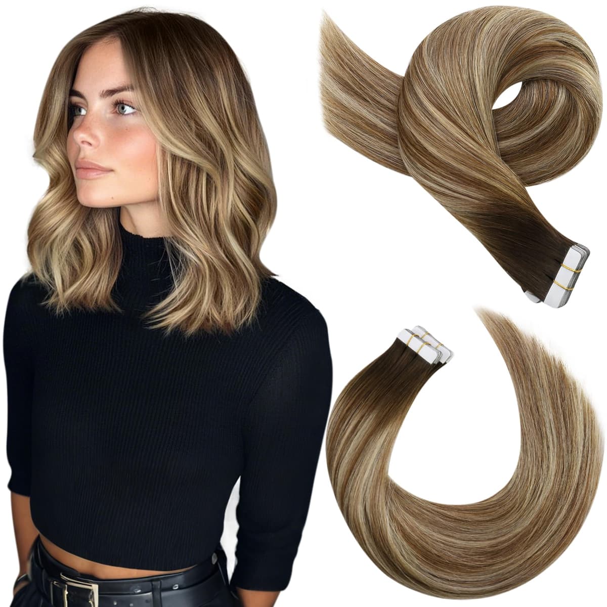 Moresoo Tape in Human Hair Extensions 20 Inch Highlight 50g/20pcs Tape in Hair Extensions Human Hair Ash Blonde with Platinum Blonde #P18/613 — view 65
