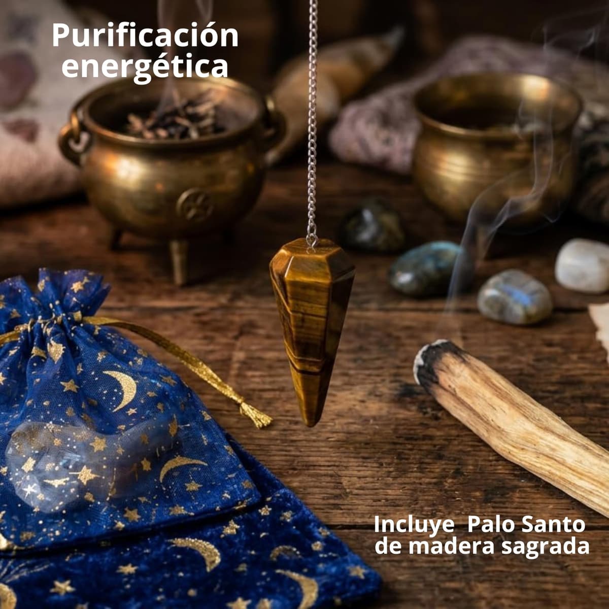 ME HECHIZAS TU Péndulo Adivinación Ojo deTigre Natural + 1 Palo Santo + Bolsa de Almacenamiento | Herramienta de Radiestesia y Meditación para Tarot, Reiki y Sanación Espiritual | Cristal Auténtico. — view 3