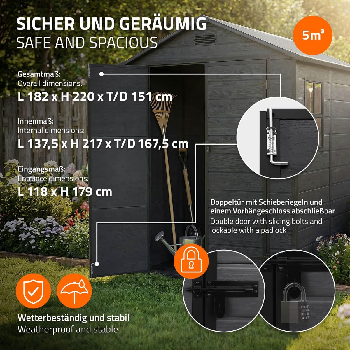 ECD Germany Caseta de Jardín con Suelo, 5m³ 151x182x220 cm, Gris Oscuro, Cobertizo Exterior de Plástico para Almacenamiento de Herramientas, con Tejado en Dos Aguas, Puerta y Ventana de Ventilación — view 4