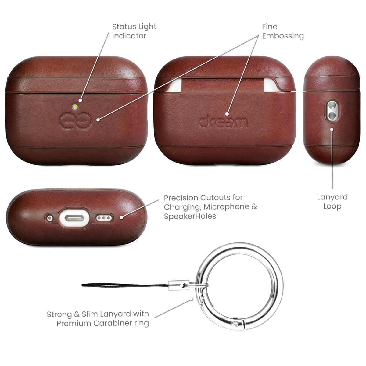 Dreem Real Leather AirPods Pro 3 Case Cover, Keychain Carabiner Clip, for Apple AirPods Pro 3 Case, Leather + Protective Hard Plastic Shell, MagSafe OK, with Reveal Motion Effect [Om:Chestnut] — view 5