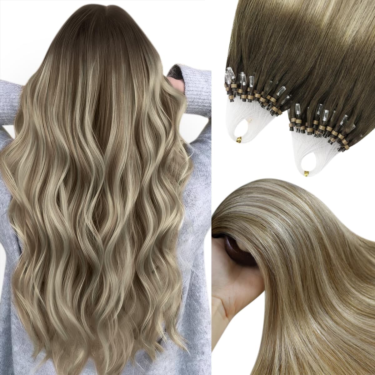 YoungSee Nano Hair Extensions Blonde 16inch Nano Beads Hair Extensions Warm Ash Blonde Highlight Bleach Blonde Nano Ring Hair Extension Highlight for School Soft Cold Fusion 50s 50g — view 28