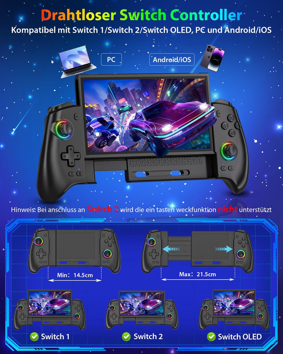 ZRZLMVP Controlador inalámbrico Switch Pro para Switch 2/Switch 1/Switch OLED, controlador de juegos de PC elástico con 16 luces RGB, joysticks Hall Effekt, barra de programación, despertador, turbo — view 2