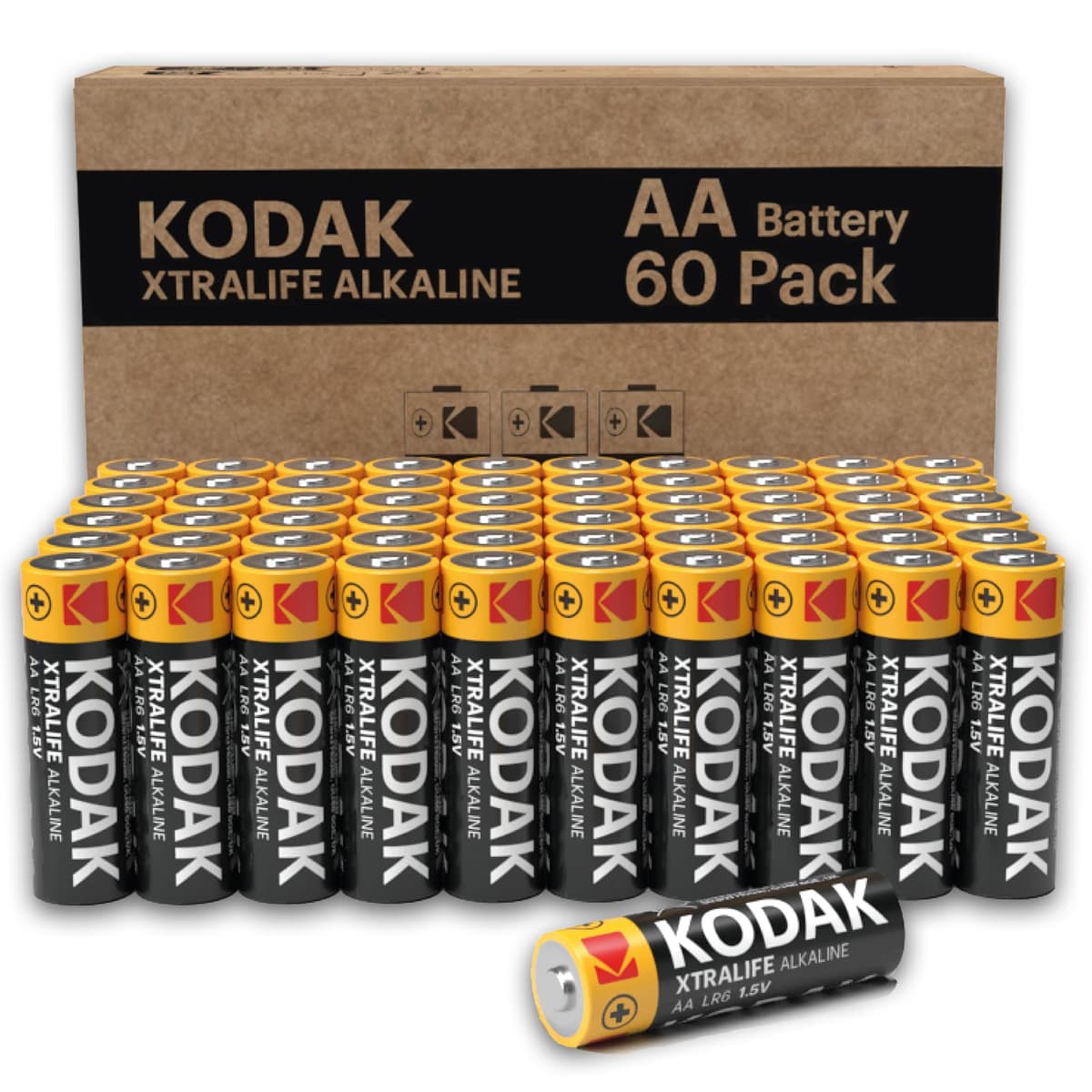 Kodak Xtralife 60-Pack AA Batteries, Double A Alkaline Battery Pack, 1.5V, 10-Year Shelf Life, LR6, Ideal for High-Drain Devices, 12x More Power, Plastic Free Cardboard Outer Carton — view 2