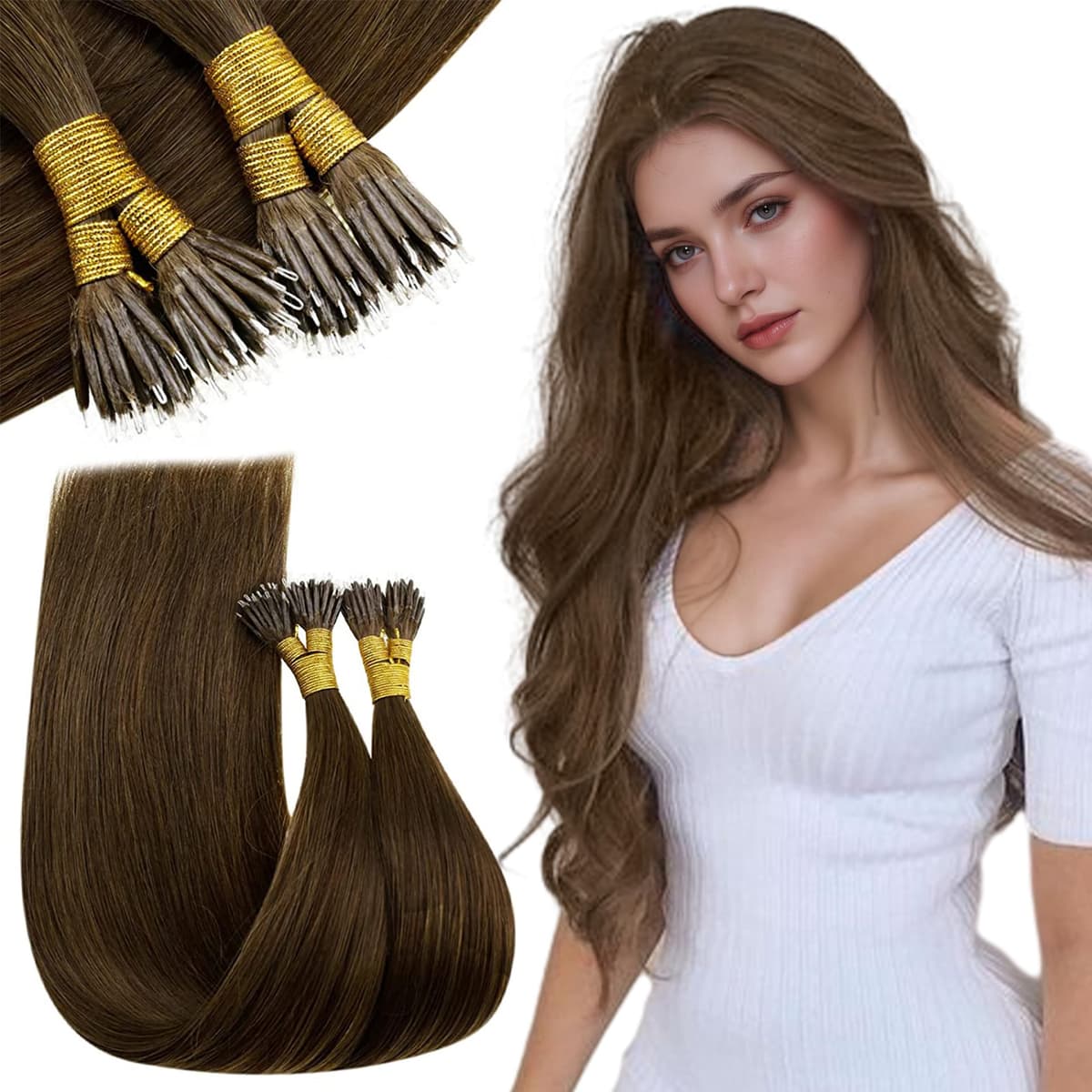 RUNATURE 18 Inch Nano Beads Hair Extensions Real Human Hair Ice Blonde Nano Hair Extensions Real Human Hair White Blonde Invisible Nano Rings Straight Remy Hair 50g 50s #800 — view 34
