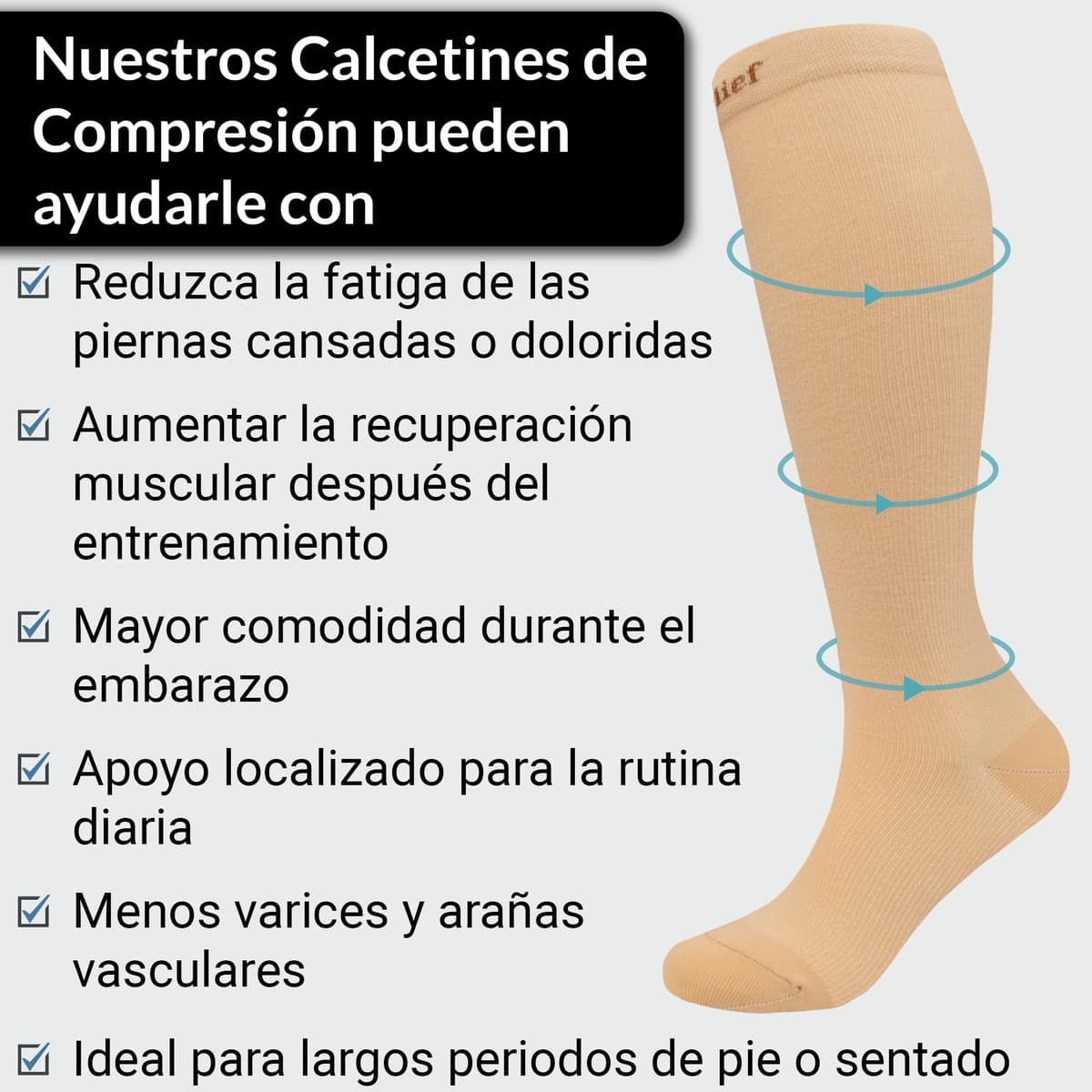 360 Relief Medias de Compresión Mujer y Hombre - 1 Par Calcetines de Compresión para Deportes, Correr, Volar, Viaje, Trabajo, Footing - S/M Beis con Bolsa de Malla — view 5