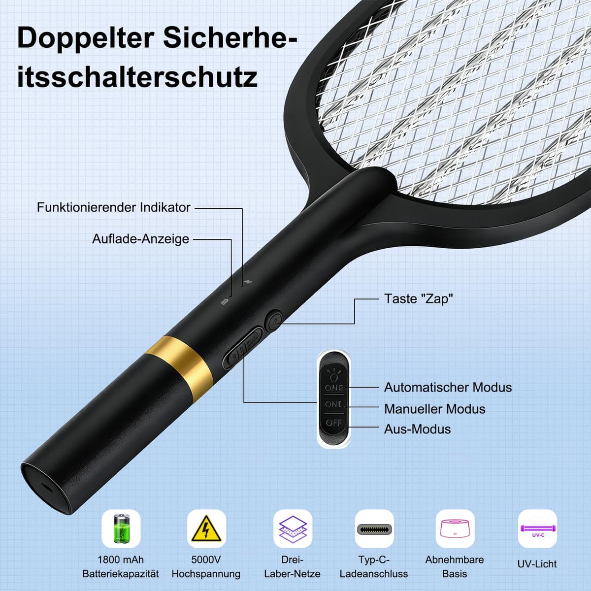 Raqueta Mosquitos Electrica 2 en 1 5000V Mata Mosquitos Electrico USB Recargable 1800mAh pour Intérieur et Extérieur Negro — view 6
