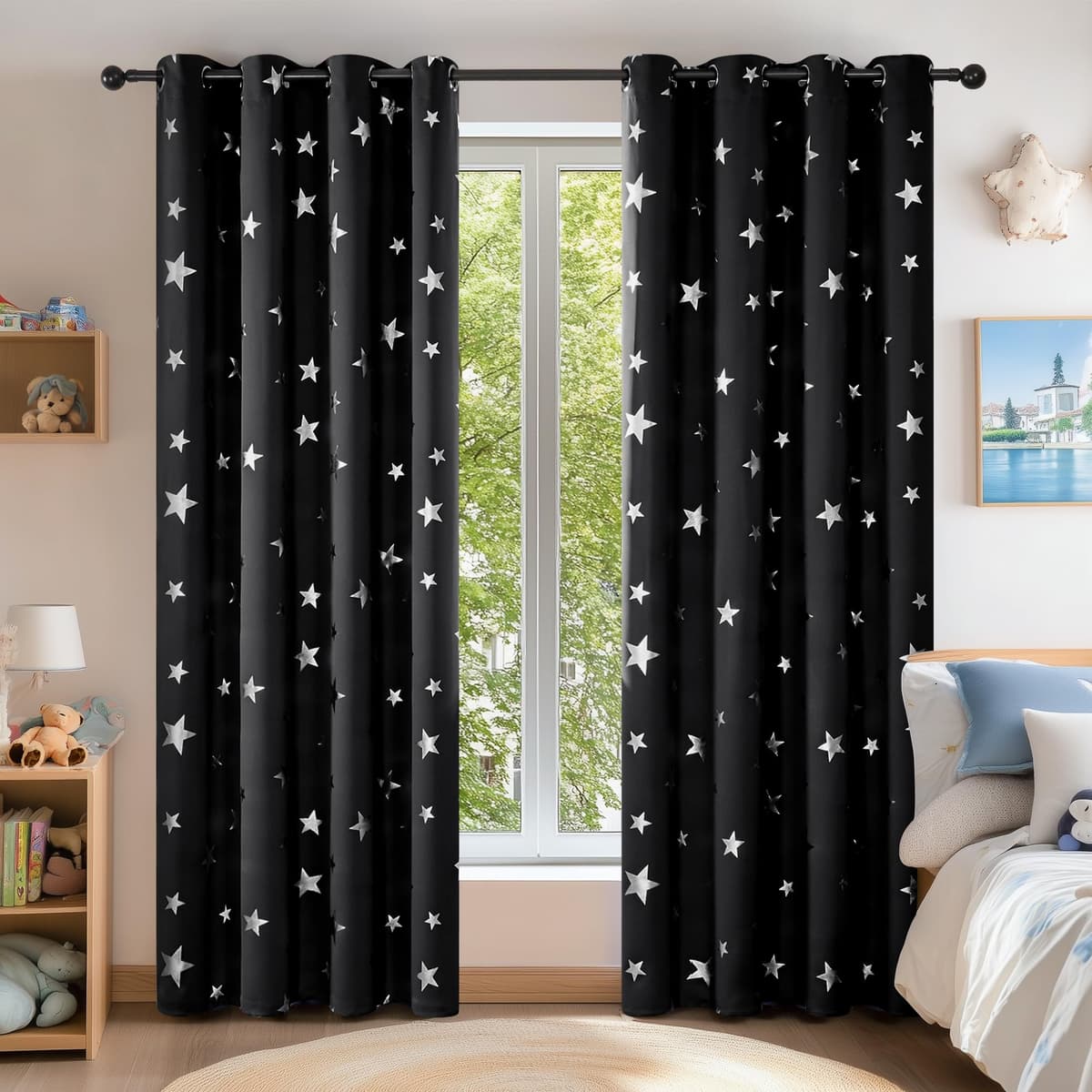 Deconovo Navy Blue Curtains for Living Room Super Soft Thermal Insulated Star Foil Printed Eyelet Blackout Curtains 46 x 54 Inch 2 Panels — view 10