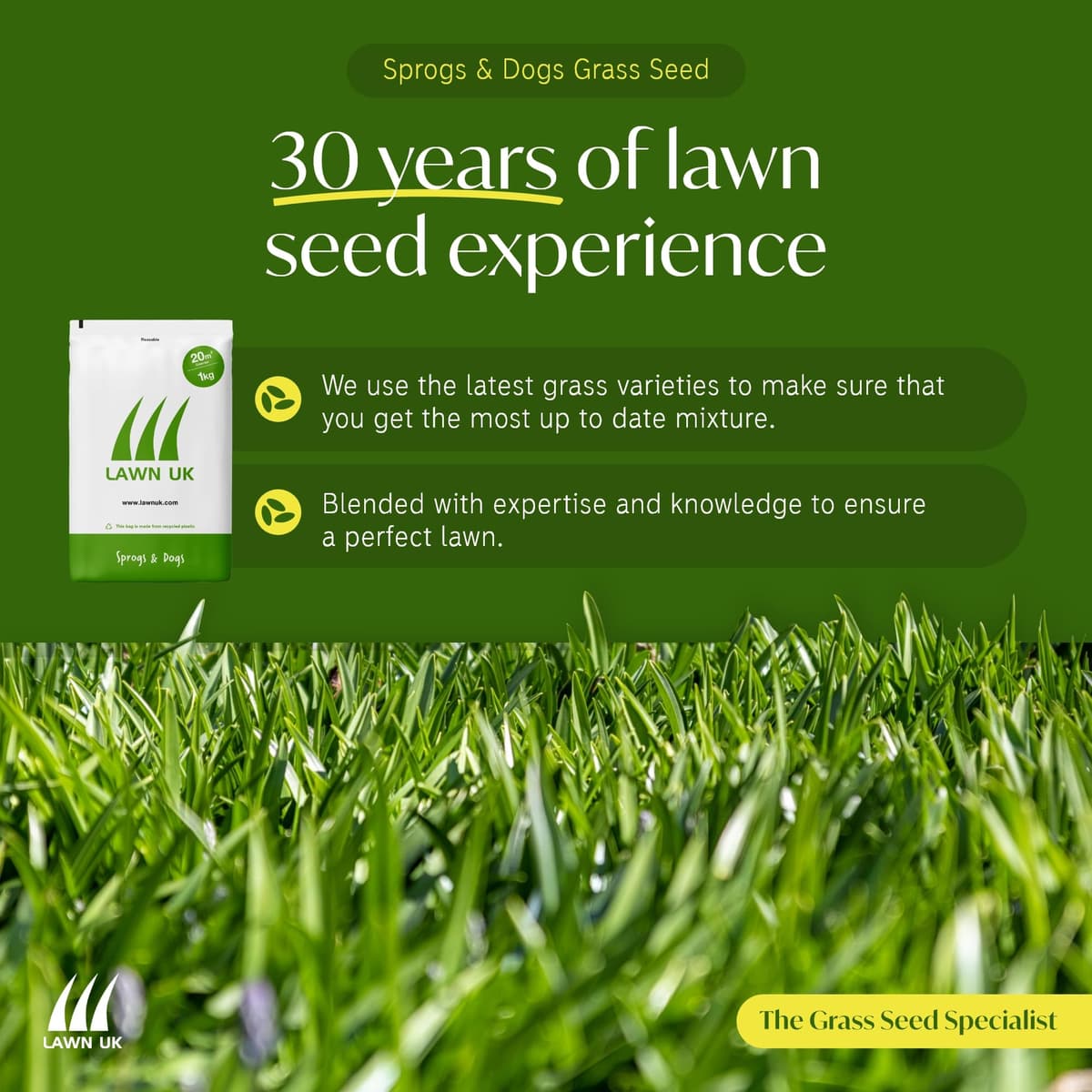 Lawn UK Hardwearing Grass Seed - Sprogs & Dogs Grass Seeds Fast Growing - 1kg up to 30sqm Coverage - Ideal for Family Lawns - Super Durable Perfect for Children & Pets — view 6