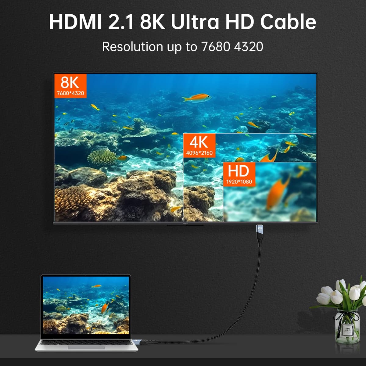 TEFLOTY Cable HDMI 2.1, Cable HDMI 8K de Alta Velocidad Ultra HD 48Gbps 8K@60Hz 4K@120Hz 7680P eARC HDCP 2.2&2.3 DTS:X Compatible con HDTV, PS5/4/3, Xbox Series X/S, Monitor Mehr (1M) — view 2