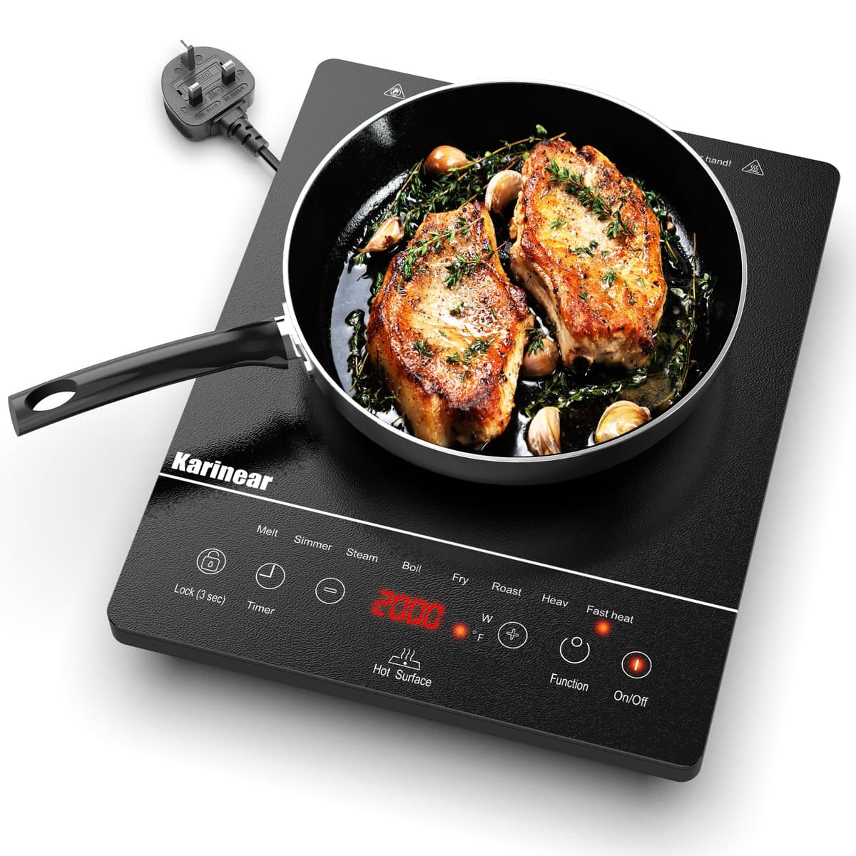 Karinear Double Ceramic Hob, Desktop Plug in 2 Zone Electric Ceramic Hob with LED Display, 4-Hour Timer, 9 Power up to 2800W, Safety Lock — view 8