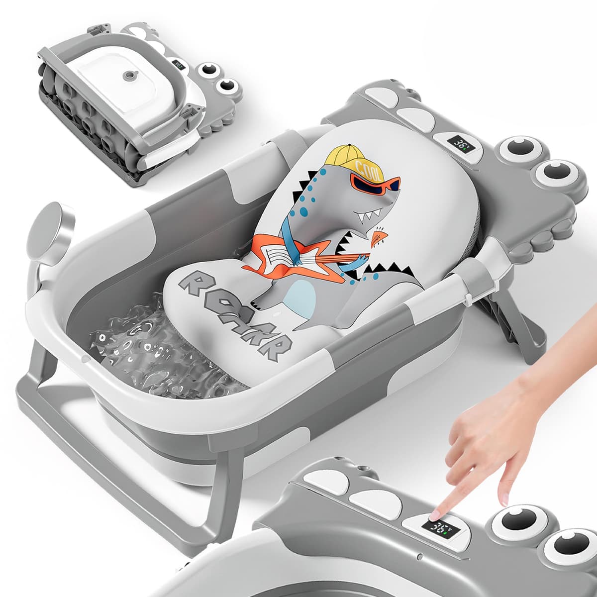 Bañera Plegable Bebé Con Cojín De Baño Antideslizante - Bañera Bebe Plegable Con Termómetro - Asiento bañera Bebe - Desde El Nacimiento Hasta Los 3 Años - Regalos De Nacimiento (GRIS, DINO)