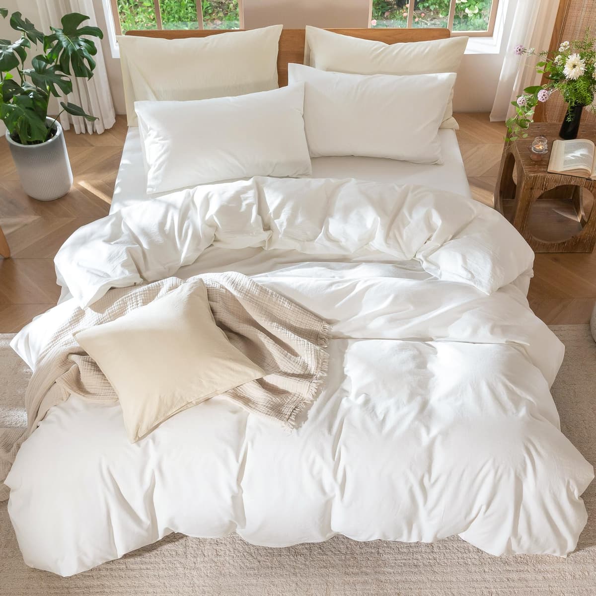 MooMee Bedding Duvet Cover Set 100% Washed Cotton Linen Like Textured Breathable Durable Soft Comfy (Tannish Linen Grey, King) — view 54