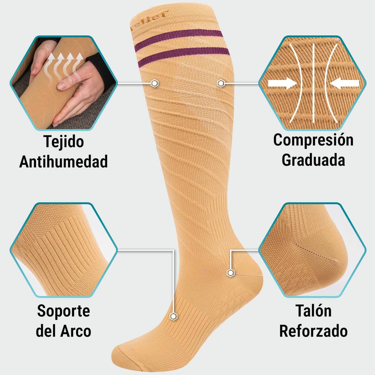 360 Relief Medias de Compresión Mujer y Hombre - 1 Par Calcetines de Compresión para Deportes, Correr, Volar, Viaje, Trabajo, Footing - S/M Beis con Bolsa de Malla — view 11
