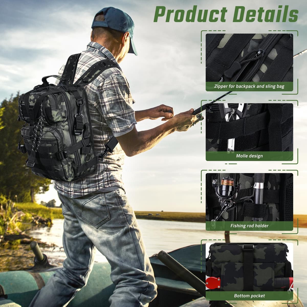 Mochila de Pesca, Mochila de Almacenamiento para Pesca Bolsa de Aparejos de Pesca Impermeable Bolsa de Pesca Mochila de Pesca Táctical Mochila Táctica Molle para Pesca Senderismo Caza — view 5