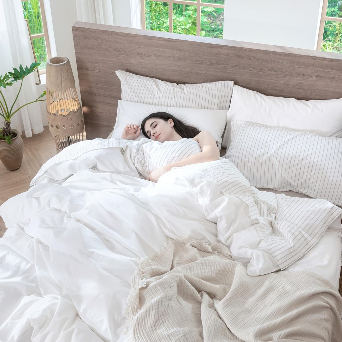 MooMee Bedding Duvet Cover Set 100% Washed Cotton Linen Like Textured Breathable Durable Soft Comfy (Tannish Linen Grey, King) — view 193