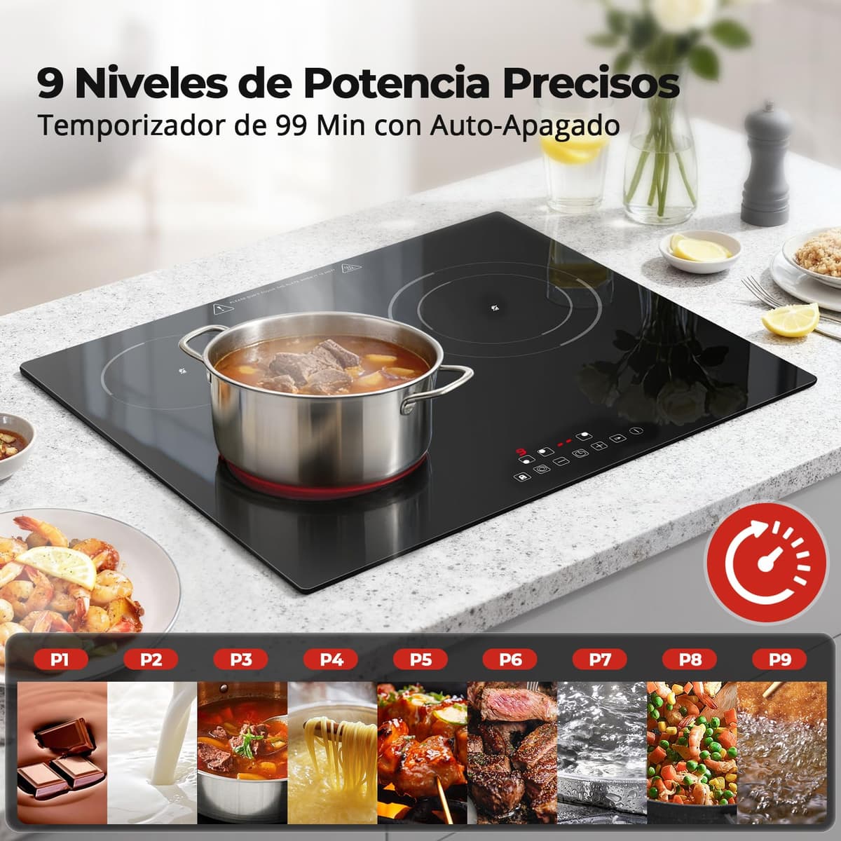 SNDOAS Placa Vitrocerámica 3 Fuegos 5200W, Vitroceramica 3 Zonas de Cocina (1200W+1800W+2200W), 9 Niveles de Calor, Seguridad para Niños, Temporizador 99 Min, Compatible con Todos los Utensilios — view 4