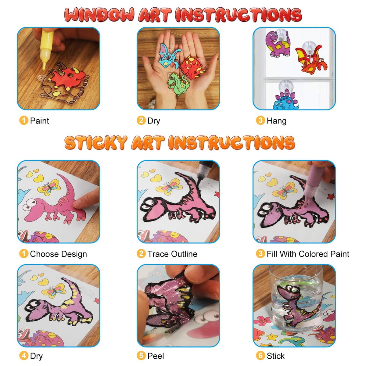 Koltose by Mash Dinosaur Suncatcher Kit, Includes 6 Dinosaur Sun Catchers, 6 Paints, 4 Templates and More, Double Kit - Window Art and Sticky Suncatcher Art — view 6