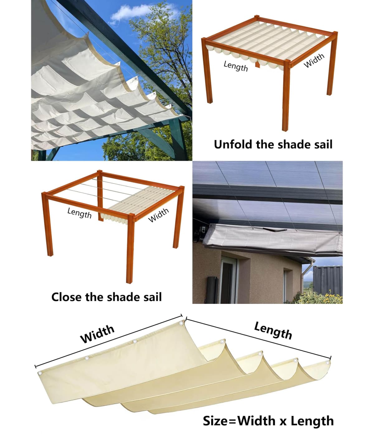 Retractable Wave Sun Shade Sail Rectangle Waterproof Sun Shade for Outdoor Garden UV Block Sunshade Cloth Canopy with Rope for Yard Deck Lawn Garden Patio Carport 0.9x3.5M Cream — view 5