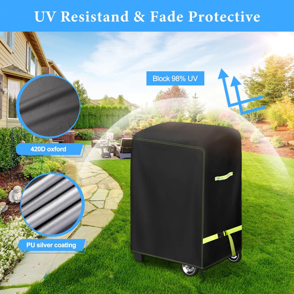 VDISRR Funda Barbacoa Exterior Impermeable, 420D Oxford Resistente al Desgarro Funda Protectora para BBQ 90 x 70 x 110 cm, Cubierta de Barbacoa Exterior Anti-Viento/Anti-Polvo/Anti-Humedad/Anti UV — view 6