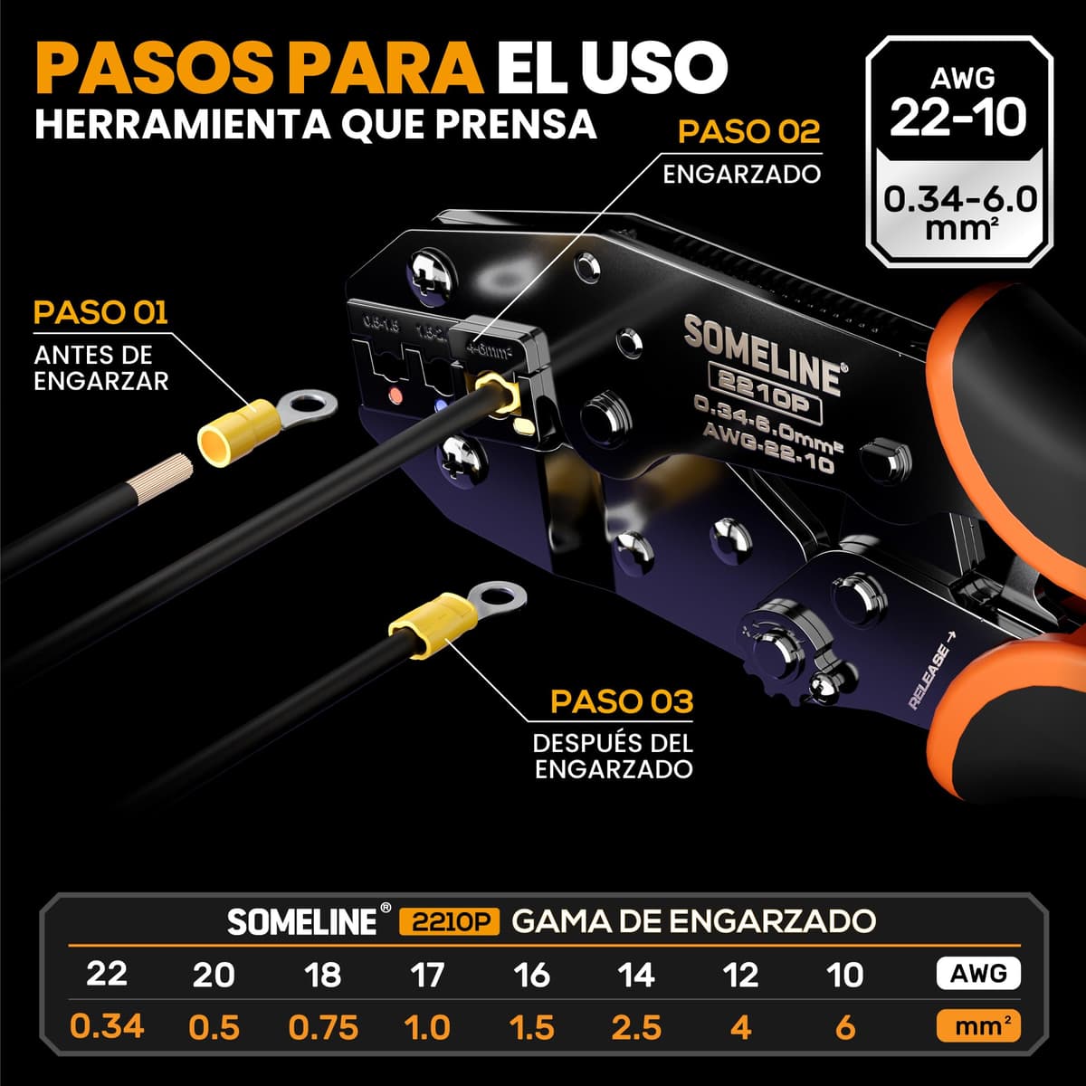 SOMELINE Kit de Crimpadora Terminales Eléctricos, 39 Tipos de Terminales Preaislados, 0,34–6 mm² Crimpadora Autoajustable de Trinquete, para Electricista, Automoción y Bricolaje — view 2