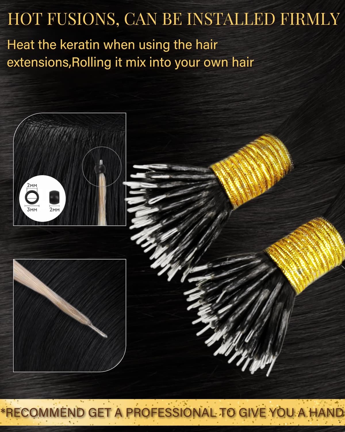 Hetto Nano Hair Extensions Real Human Hair Black - Natural Invisible Nano Beads Extensions, Cold Fusion Pre Bonded Nano Ring Tiny Attachment for Women Daily Wear 50 g 50 strands #1 14 Inch — view 2