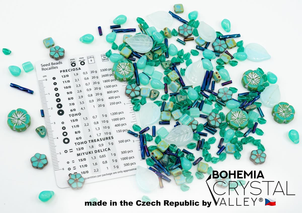 60 g Mix of Unique Czech Bohemia Glass Pressed Beads, Rocailles, Opaque Turquoise Green Copper Crystal Silver, Matte and Glossy, Hand Made BCV — view 2