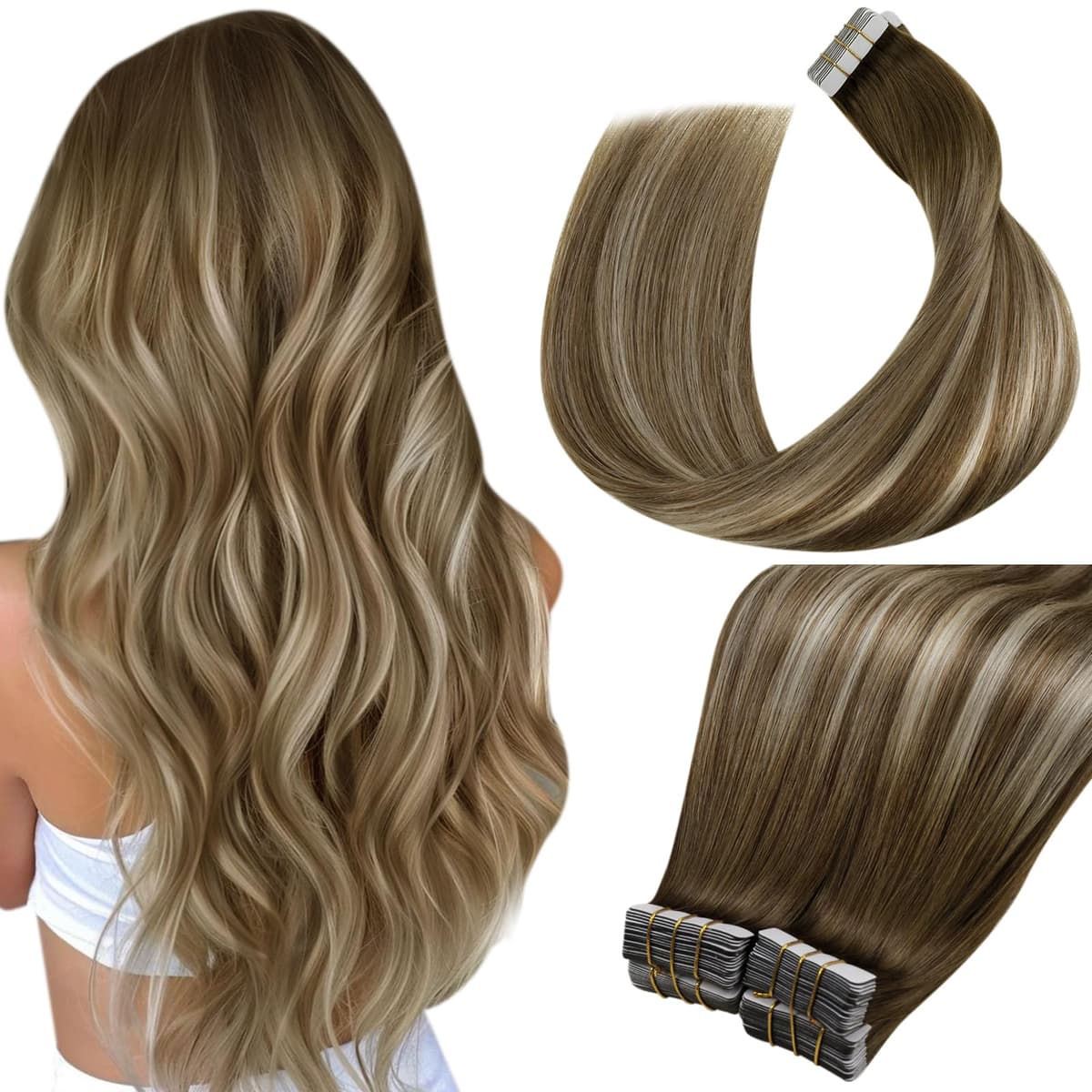 LaaVoo Tape in Hair Extensions Human Hair Blonde Tape Hair Extensions Real Human Hair Invisible Tapes Remy Straight Balayage Brown to Blonde Hair Double Sided Tabs 20pcs 50g 16 Inch #8/18/60 — view 11