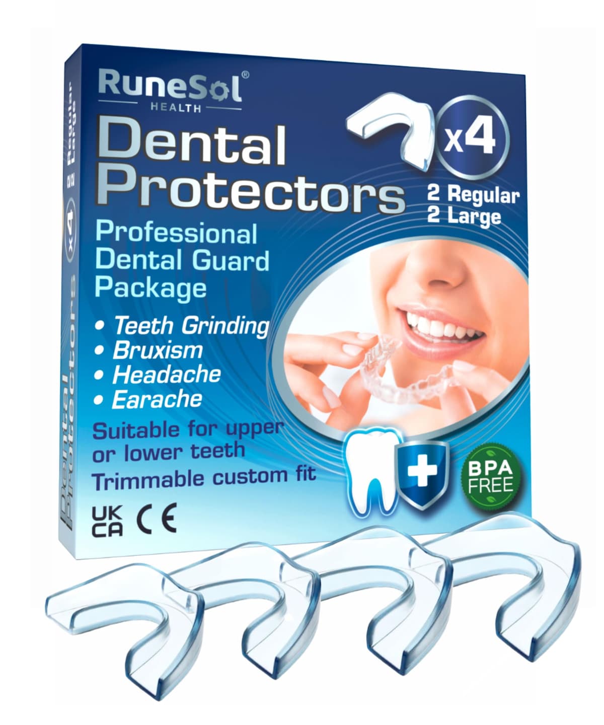 Runesol ferula descarga bruxismo, 4 x Normal, ferula dental bruxismo, protector bucal para dormir, ferulas de descarga para bruxismo, ferula dental noche, funda dientes, felulas Bucales dentales — view 11