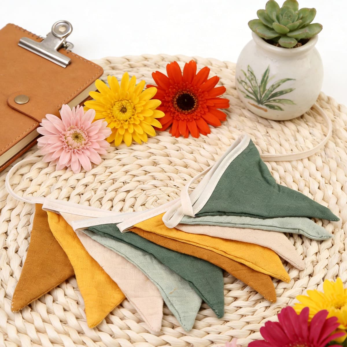 Fabric Bunting Banner, Triangle Fabric Bunting Banner, Double-Sided 2.6M Long Washable and Reusable Bunting Fabric, for Baby Baptism, Bedroom, Party, and Kindergarten Decoration(Morandi Green) — view 4
