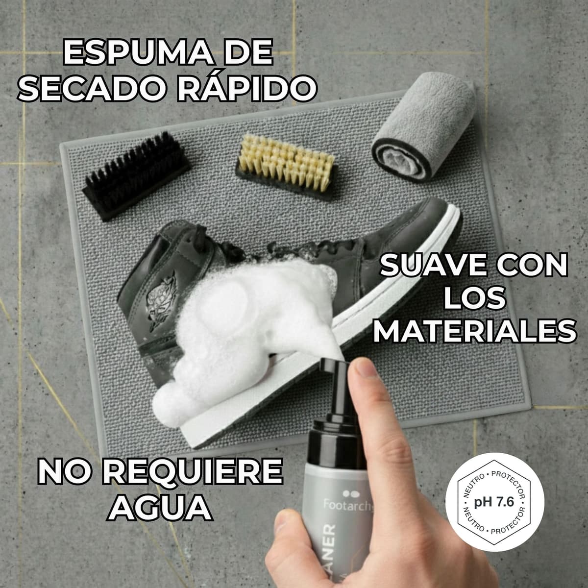 Footarchy Kit Limpieza Zapatillas Profesional - Espuma 150ml con 2 Cepillos (Soft y Hard) y Microfibra Doble Cara, Ideal para Cuero Goma Plastico y Suelas - Limpiador Zapatos sin agua — view 5