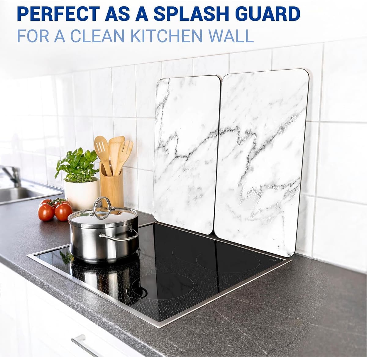 WENKO Placas protectoras para cocina Mod Mármol, ajustable en altura para todo tipo de cocinas, tabla de cortar y protector contra salpicaduras, vidrio, 30 x 52 cm, juego de 2 — view 4