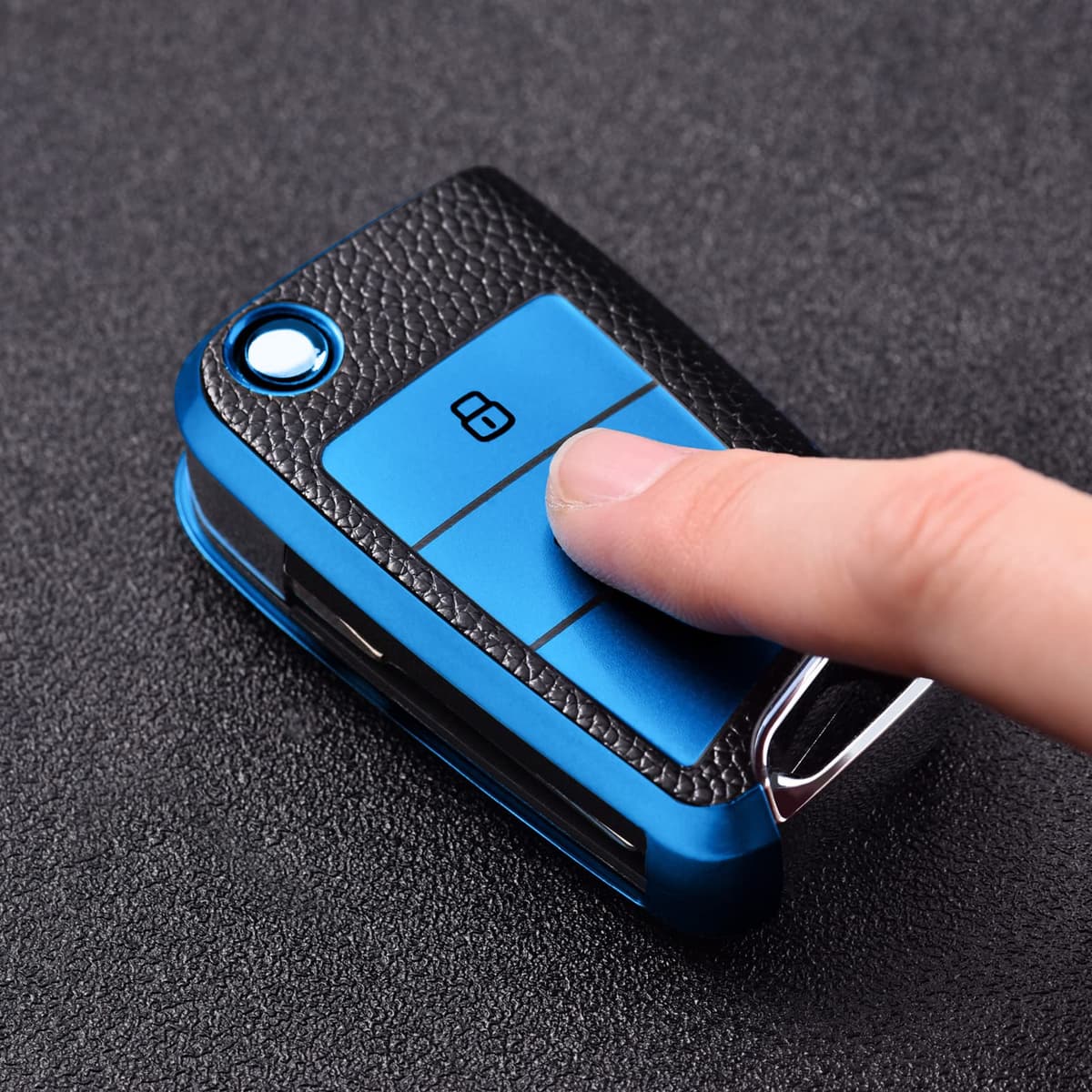 OATSBASF Car Key Case Key Case, Key Box Cover 3 Buttons (blue leather) — view 3