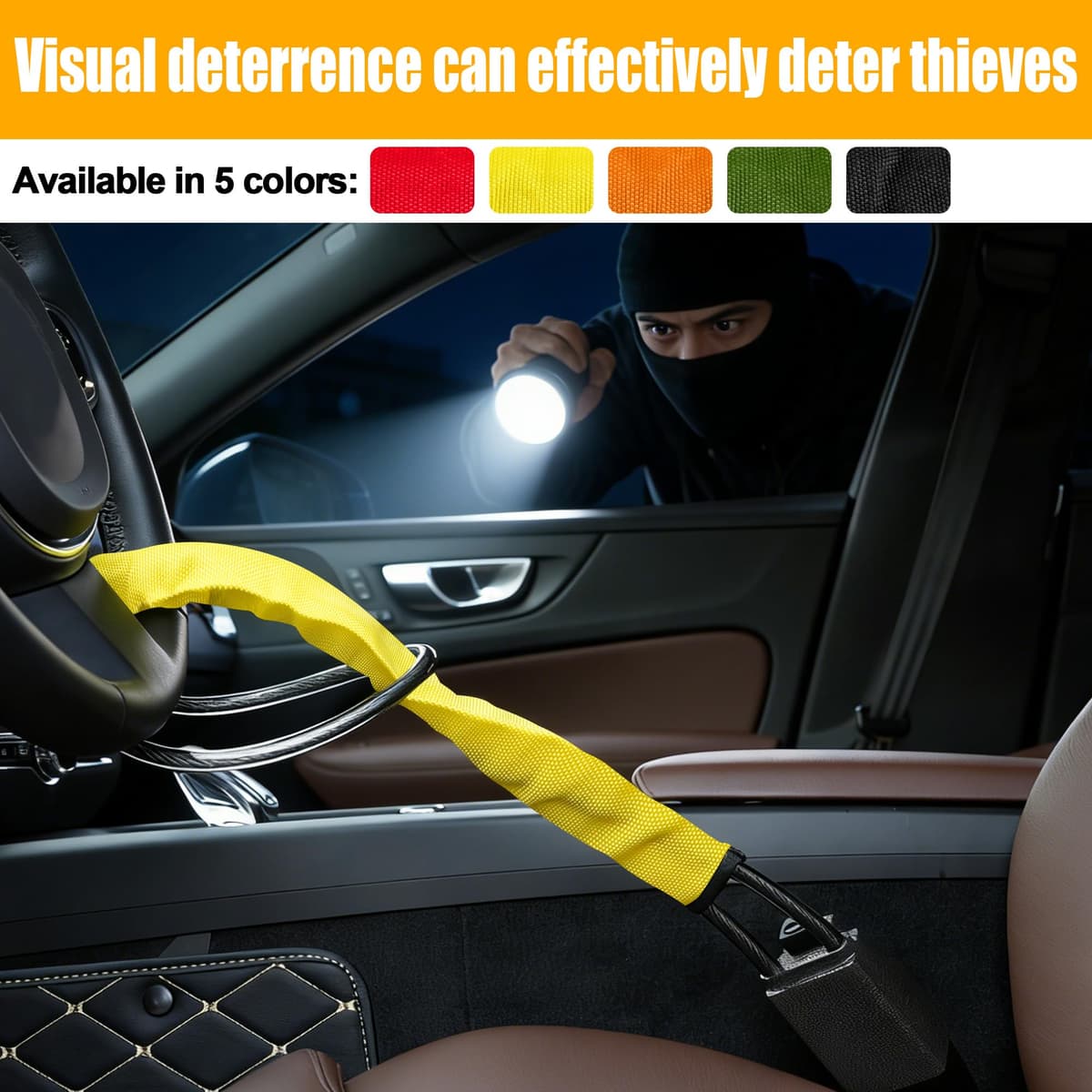 Turnart Steering Wheel Lock Seat Belt Lock Universal Fit Most Vehicles Sturdy Lock for Car Truck SUV Van Security with 3 Keys (Yellow) — view 3