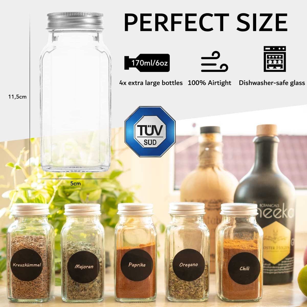 Kamoro HOME & KITCHEN 4 spice jars for easy storage of spices - Extra large capacity of 170ml - 8 shakers of 2 shapes for easy dosing — view 2