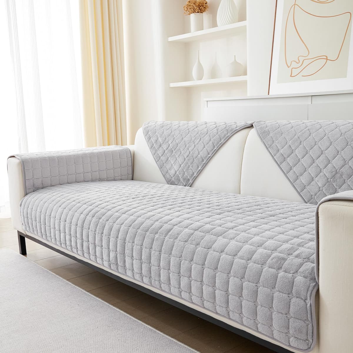 SHANNA Thick Rabbit Plush Sofa Cover 1 2 3 Seater, New Universal Non-Slip Corner Sofa Cover L Shape Super Soft Faux Fur Sofa Slipcovers for Living Room(Grey, 70 * 180cm Seater Cover) — view 20