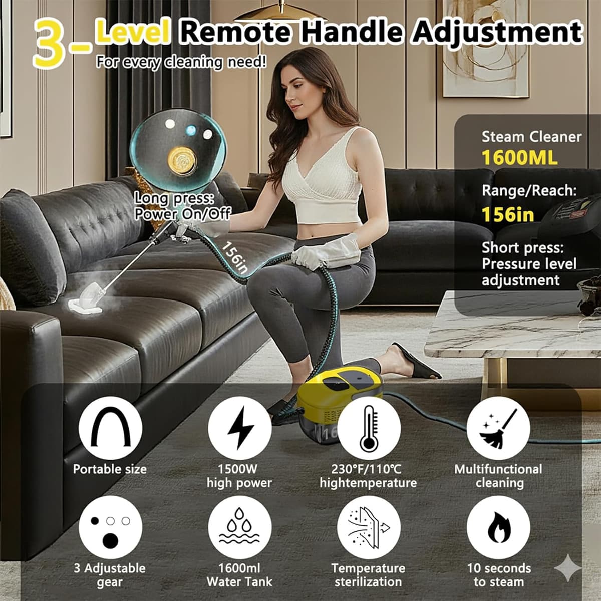 3 Level Adjustable Pressurized Handheld Steam Cleaner for Home