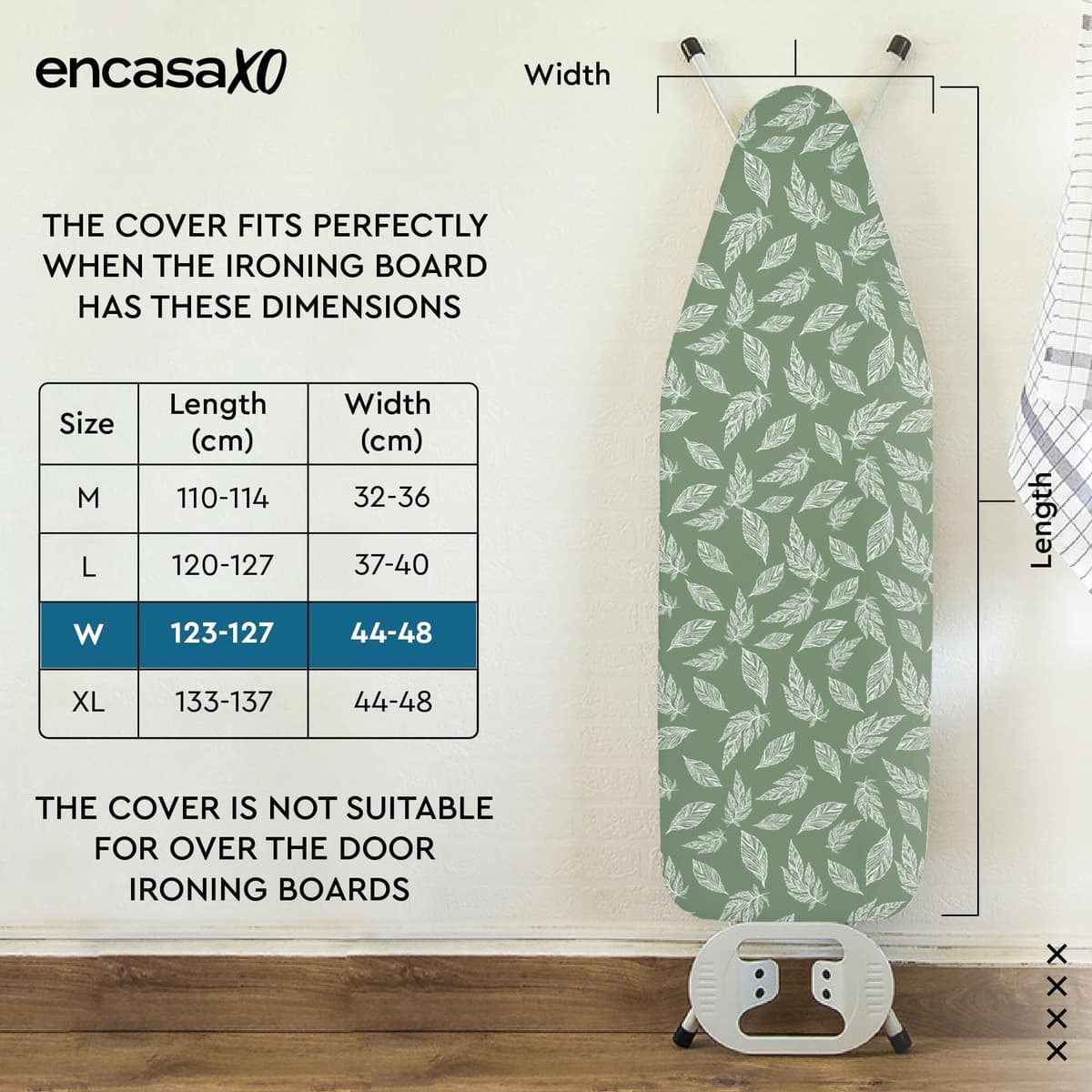 Encasa XO Ironing Board Covers and pad 125x46 cm- Thick 3mm Felt Padding, Drawstring Tightening & Lock, Heat Reflective, Scorch & Stain Resistant, for Wide Ironing Board - Big Leaves Green — view 2